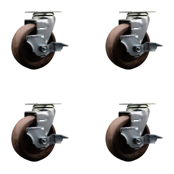 5'' High Temp Glass Filled Nylon Swivel Caster Set w/Bronze Bearing and Brake, 4PK